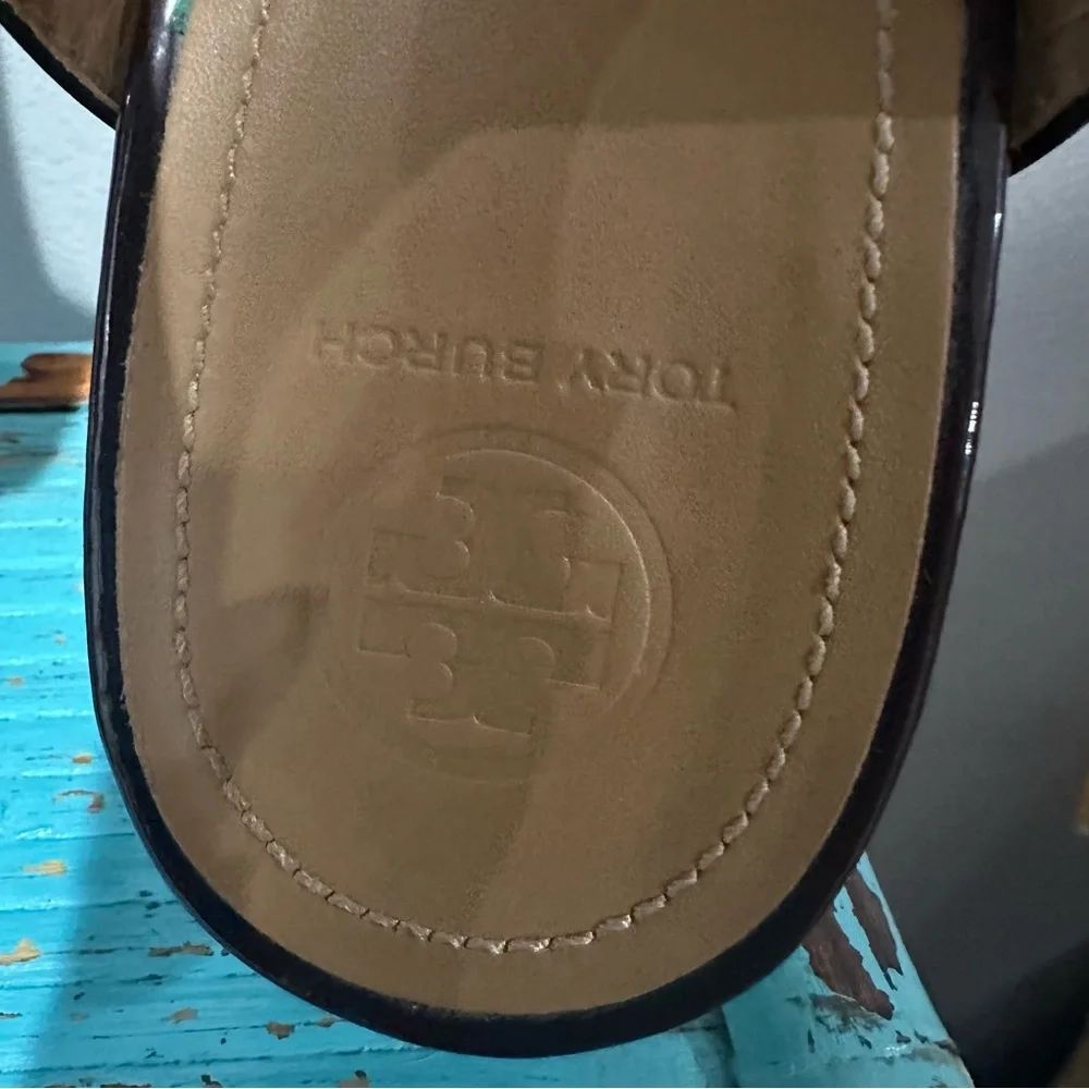 Tory Burch Gigi T Logo Black Midnight Blue Leather Sandal Size 9.5